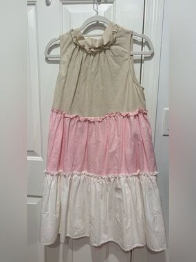 Petal and Pup Tiered Pink and Cream Ruffle Collar Sundress